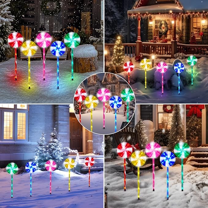 Outdoor Christmas Decorations Solar Pathway Lights, Set of 10 Lollipops Peppermint Stake Lights, 8 Modes Candy Cane Walkside Lights, Outdoor Xmas Decoration for Walkway,Yard (10PCS-Multi)
