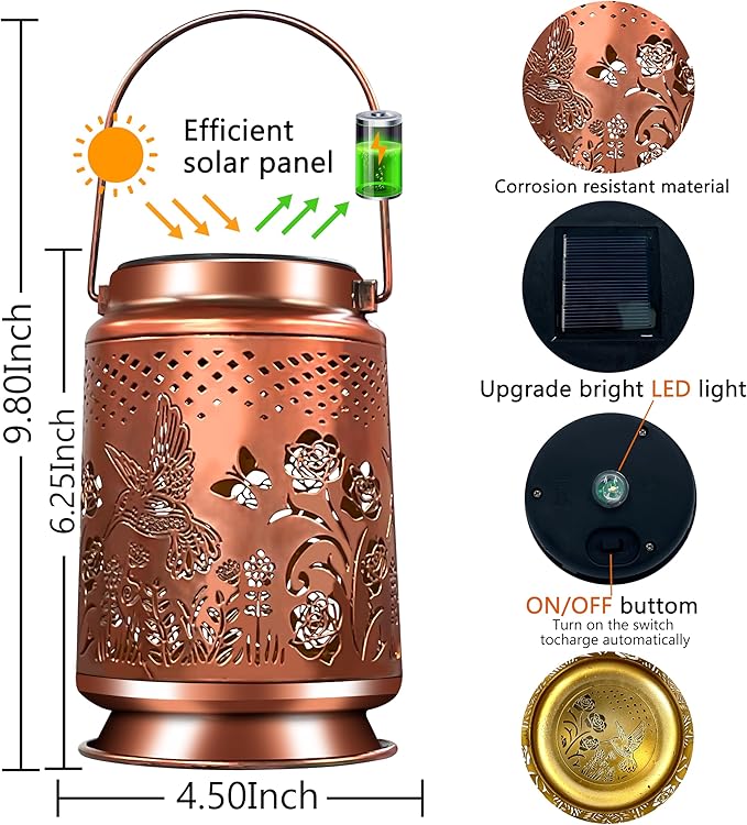 KY&BOSAM Solar Lanterns Outdoor Waterproof Rose Hummingbird Lantern Garden Decor Birthday Gifts for Women Mom Grandma Hanging Solar Lights LED Metal Openwork Decorative for Patio Yard Lawn Backyard