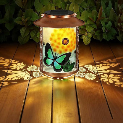 10" H Sunflower Butterfly Solar Lanterns Outdoor, Metal Glass Hanging Solar Lanterns with Hollow Out Retro Sunflower Lights, Decorative for Garden Yard Patio Pathway Tabletop Gifts