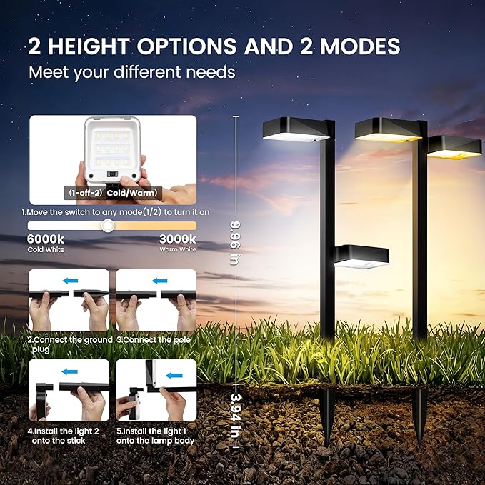 Solar Pathway Lights Outdoor Waterproof，4 Pack with 8 Head Modern Solar Lights, 2 Modes(Warm/Cold White) for Walkway,Yard,Patio,Driveway,Outside,Decor