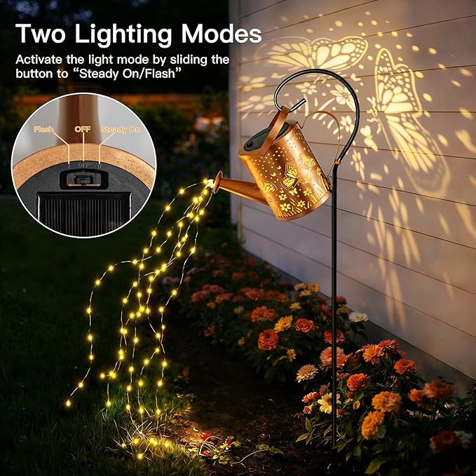 Ollny Solar Watering Can with Cascading Lights Outdoor Garden Decor, Birthday Gifts for Mom Grandma Women, IP65 Waterproof 2 Lighting Modes Hanging Lanterns for Yard Patio Lawn (Butterfly)