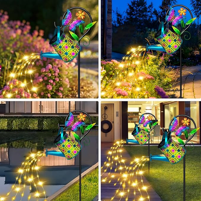 Solar Watering Can with Lights, Waterproof Solar Lantern with Butterfly Shepherd Hook, Hanging Garden Lights for Patio Yard Lawn Porch Outdoor Decoration, Unique Garden Gifts for Women Mom Birthday