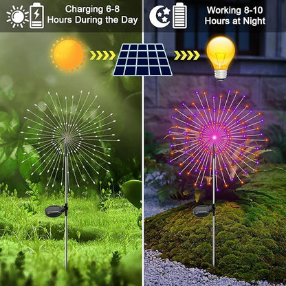 Solar Garden Lights Outdoor, 2 Pack 120 LED Twinkling Firework Lights Decorative with 2 Modes, Outdoor Waterproof Solar Starburst Light for Outside Yard Pathway Garden Decor, Purple + Orange