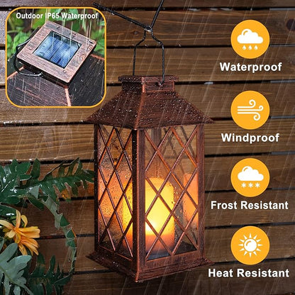 [2 Pack] TAKE ME 14" Solar Lantern Outdoor Garden Hanging Lantern Waterproof LED Flickering Flameless Candle Mission Lights for Table,Outdoor,Christmas Gifts Mom Wife
