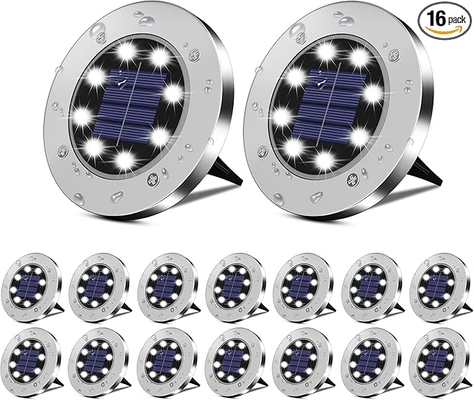 Solar Flat Disk Lights 16-Pack, Waterproof Driveway