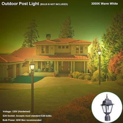 LIT-PaTH Outdoor Post Lighting Fixture Pole Lantern, E26 Medium Base Max 60W, Aluminum Housing Plus Clear Glass, Bulb Not Included, Matte Black Finish, 1-Pack