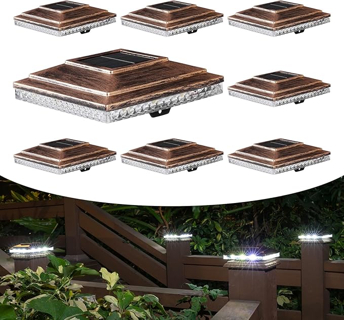 Solar Post Cap Lights,Outdoor Deck Fence Post Lights,Powerful Lithium Battery 20Lumens Two Light Modes Warm White/Bright White Suitable for 4x4 5x5 Wooden Posts,4x4 Viny Posts (Brushed Copper, 8pk)