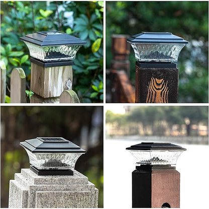 HUYIENO Solar Post Cap Lights Outdoor LED Lighting Deck Fence Cap Light Two Light Modes Warm White/Bright White Suitable for 4x4 Wooden Posts Black 4PK