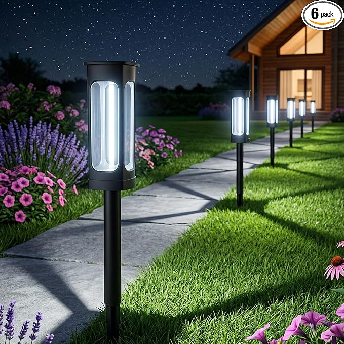 Solar Pathway Lights Outdoor 6 Pack, Upgraded Brighter 6 Inch extended filament Solar Garden Lights, Waterproof Up to 15 Hrs Lighting for Yard Garden Walkway Driveway Landscape Patio Decor （White）