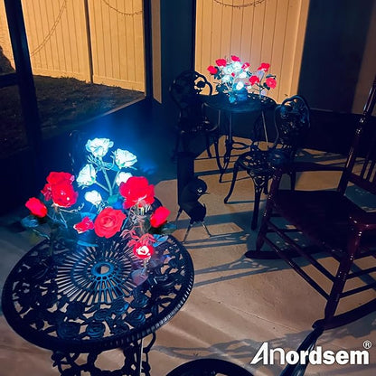 Anordsem Solar Garden Lights Outdoor: 10 Waterproof Fabric Roses 2 Pack - Red LED Flower Decorations for Yard Patio Path Cemetery Grave - Mother's Day Gifts for Her Women Mom Wife