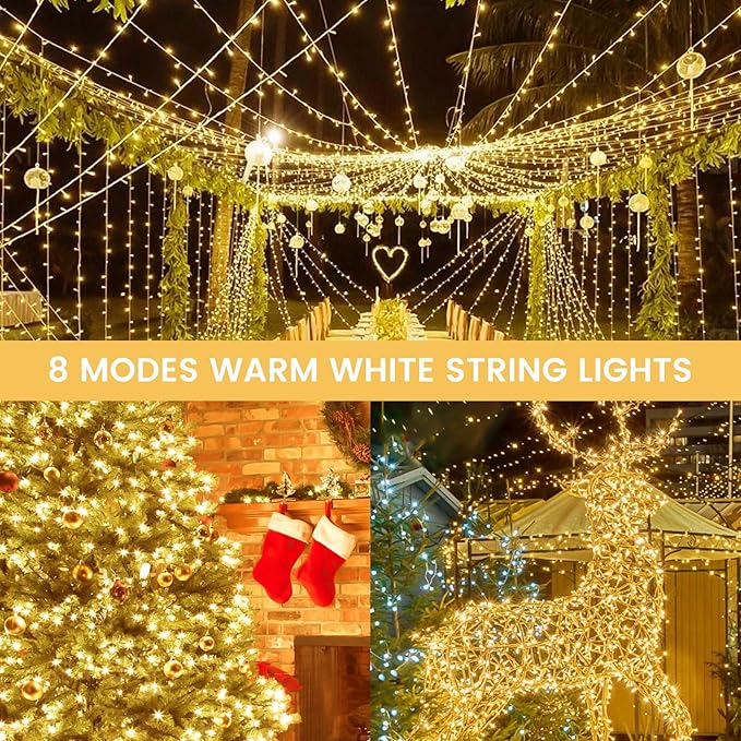 2 Pack Christmas String Lights Battery Operated with Timer, 33FT 100 LED Waterproof Twinkle Lights, 8 Modes Fairy Light for Indoor and Outdoor Bedroom Garland Tree Christmas Decorations (Warm White)