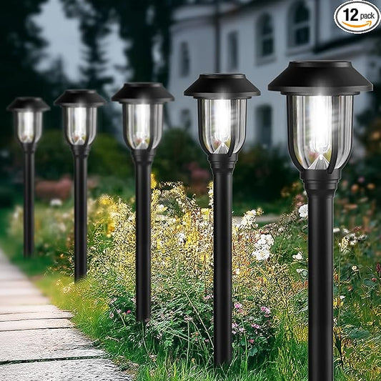 12 Pack Solar Lights Outdoor, Bright 6000K Cool White Solar Pathway Lights Waterproof Auto On/Off Powered,Landscape Lighting for Walkway, Yard, Path, Driveway, Garden