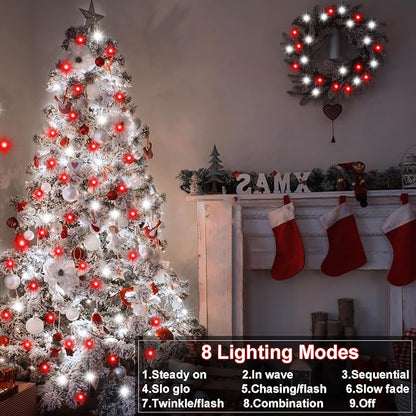 4 Pack Red White Christmas Lights Battery Operated 16.4Ft 50 LED Wreath String Lights Auto Timer Candy Cane Battery String Lights 8 Modes Green Wire Xmas Decor for Christmas Tree Garland