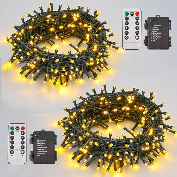 QITONG 2 Pack Warm White Battery Operated String Lights, Each 33ft 100 LED Christmas Lights Outdoor with Remote, Green Wire Twinkle Lights Indoor
