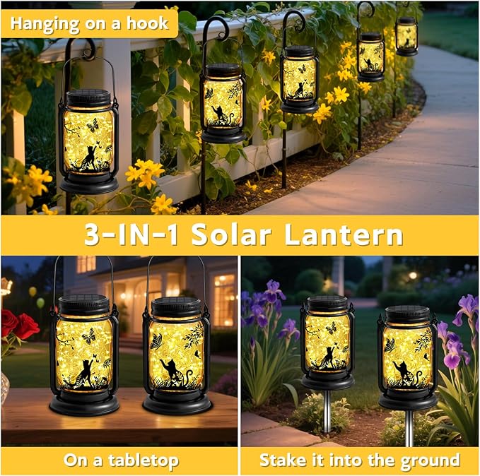 Cat Solar Lanterns 3-IN-1 Outdoor Waterproof - Birthday Gifts for Cat Lovers Women Mom Christmas, Mason Jar Hanging Lanterns with Stake, Garden Decor Lights for Patio Yard Balcony Decorations, 2 Pack