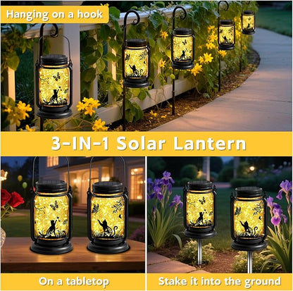 Cat Solar Lanterns 3-in-1 Outdoor Waterproof - Birthday Gifts for Cat Lovers Women Mom Christmas, Mason Jar Hanging Lanterns with Stake, Garden Decor Lights for Patio Yard Balcony Decorations