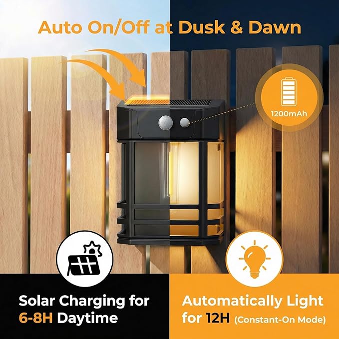 btfarm Solar Fence Lights Outdoor, 4 Pack Motion Sensor Dusk to Dawn Fence Lights Solar Powered, 3 Modes IP65 Waterproof Solar Deck Post Lights for Fence Garden Step Patio Stair Backyard