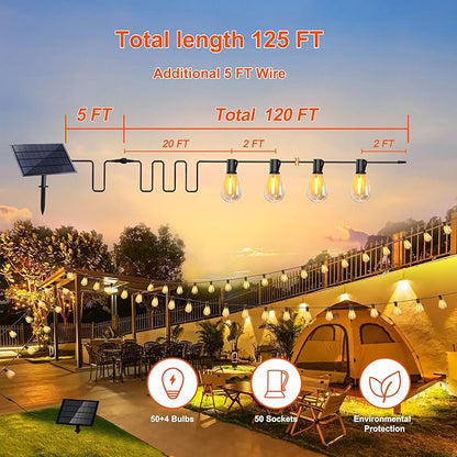 Stright Solar String Light for Outside 120FT with with USB Charging & Remote, Weatherproof Shatterproof LED S14 Bulb 50 Socket, Dimmable & Timable Solar Powered Patio Lights for Porch Backyard Garden