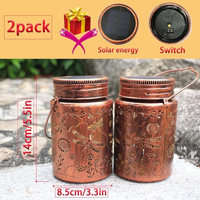 Dragonfly Outdoor Solar Lantern 2pack Waterproof - Christmas Gifts for Outside Lights, Garden Decor for Balcony, Yard and Deck, Gardening Decorations Gifts for Women Mom (Dragonfly 2pack)