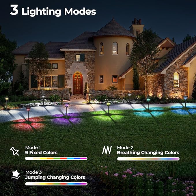 CINOTON 24 Pack RGBCW Solar Pathway Outdoor Lights, 3 Lighting Modes Solar LED Garden Lights, IP65 Waterproof Outside Solar Powered Landscape Lighting for Planter Lawn Pool Balcony RGB/Warm/Cold White
