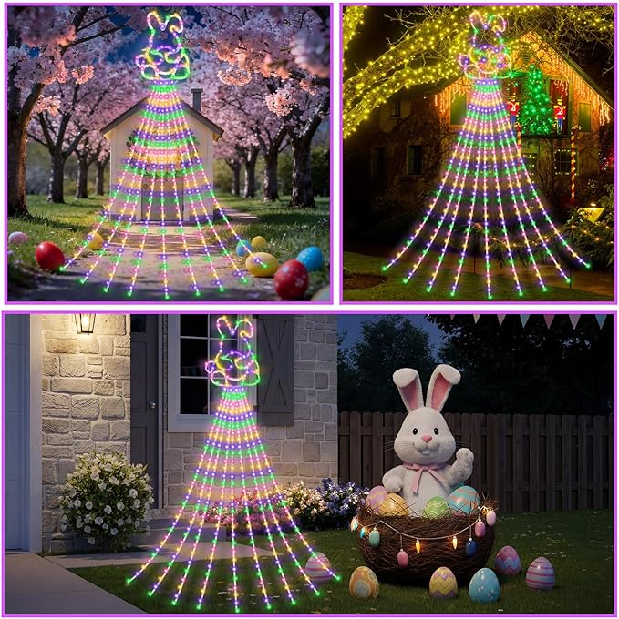 12 ft Easter Bunny Waterfall String Lights with 305 LED Colorful Bunny String Lights with 8 Modes Lighted Easter Outdoor Party Decoration for Tree Garden Yard Spring Themed Decor