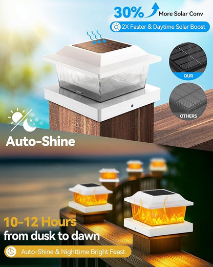Solar Post Cap Lights Outdoor for 3.5x3.5 4x4 5x5 Wood/Vinyl Posts, 12 Pack Fence Post Solar Lights with Flickering Flame & Warm Modes for Deck/Garden/Patio, IP65 Waterproof - White