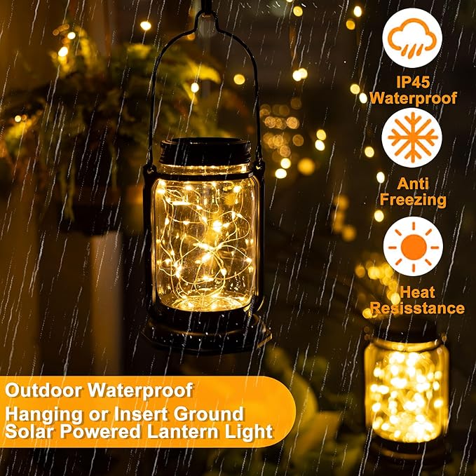 Solar Mason Jar Lights,2 Pack 30 Led Starry Fairy String Hanging Mason Jar Lantern Lights,Solar Lanterns for Outdoor Patio Party Garden Yard Wedding Decor (Mason Jars/Handles Included)