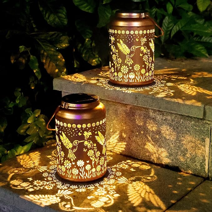 2-Pack Charming Hummingbird Solar Lanterns for Yard, Waterproof LED