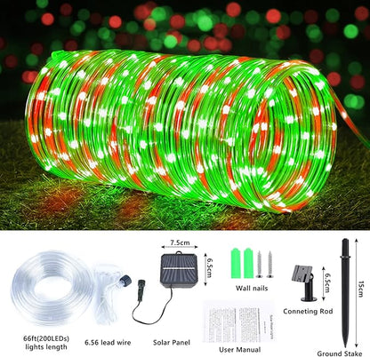 Solar Rope Lights, 2 Packs Total 132ft 400LED Solar String Lights, 8 Modes Waterproof Solar Powered Outdoor Light, Flexible Clear Tube Light for Garden Yard Patio Deck Porch Tree Xmas Decor -Red&Green