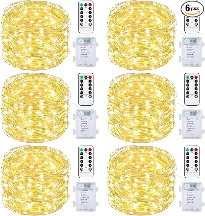 Mlambert 6 Pack 33FT Fairy Lights Battery Operated with Remote and Timer, Dimmable Waterproof 8 Modes Light for Bedroom Dorm Christmas-Warm White
