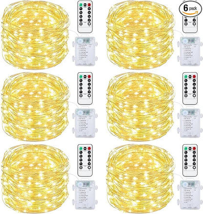 Mlambert 6 Pack 33FT Fairy Lights Battery Operated with Remote and Timer, Dimmable Waterproof 8 Modes Light for Bedroom Dorm Christmas-Warm White