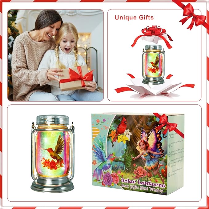 ANGMLN 2 Pack Solar Fairy Lanterns , Adorable Hummingbird Theme in Silver Glass Mason Jars, Gifts for Mom, Grandma, and Women, Waterproof Garden Lights for Patio Yard Lawn Tree Party Outdoor Decor
