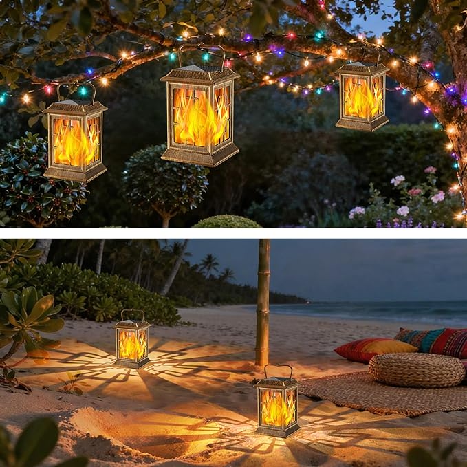 Flickering Solar Lantern Outdoor, Waterproof Hanging Flame Solar Powered Lantern for Pathway, Tabletop, Patio, Garden Decoratives (Bronze)