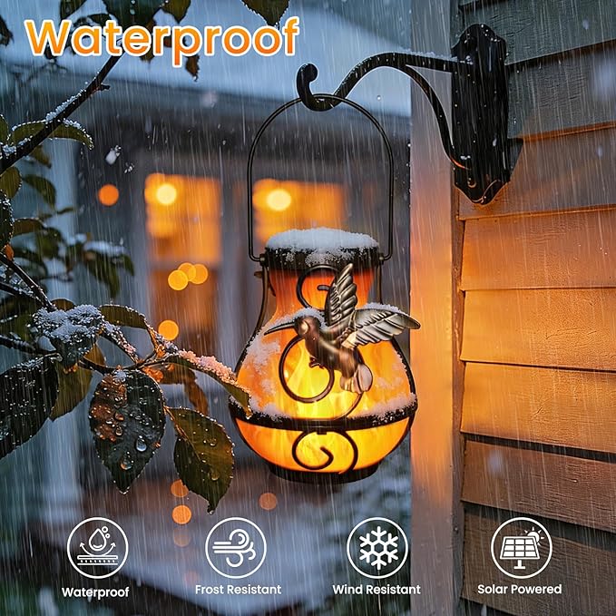 2P Solar Lanterns Outdoor Waterproof, Hanging Metal Hummingbird Flickering Flame Solar Lights Outdoor for Patio Garden Decorative Lights Perfect Gift