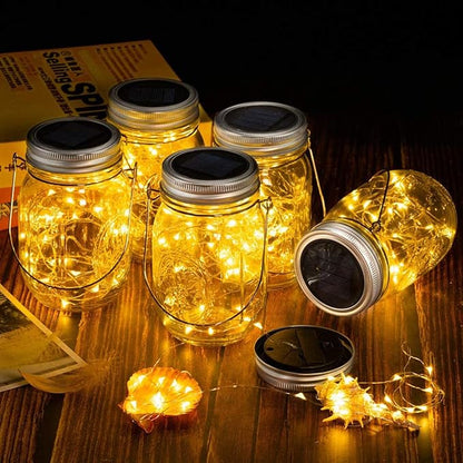 Solar Mason Jar Lid Lights, 10 Pack 30LED String Fairy Star Firefly Jar Lids Lights,10 Hangers Included(Jars Not Included), Best for Mason Jar Decor,Patio Garden Decor Solar Laterns Table Lights
