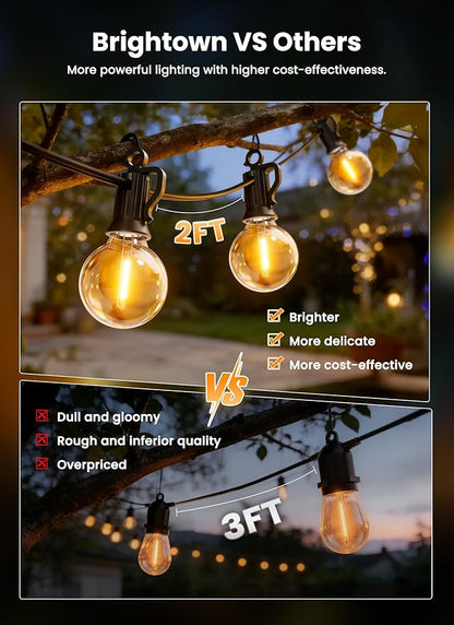 Brightown Outdoor String Lights, 50FT 25 G40 Bulbs Shatterproof Patio Lights, IP65 Waterproof Dimmable Hanging Connectable Globe LED Outdoor Lights for Backyard, Bistro, Porch, Deck, Balcony
