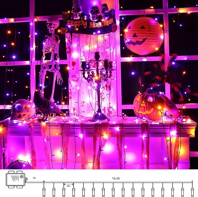 Lomotech Battery Operated Halloween Lights - 2 Pack Total 33ft 100 LED Orange Purple Battery Lights 8 Modes Waterproof with Timer for Home, Garden, Party, Holiday, Tree Decoration (Black Wire)