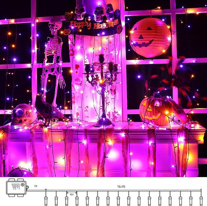Lomotech Battery Operated Halloween Lights - 2 Pack Total 33ft 100 LED Orange Purple Battery Lights 8 Modes Waterproof with Timer for Home, Garden, Party, Holiday, Tree Decoration (Black Wire)