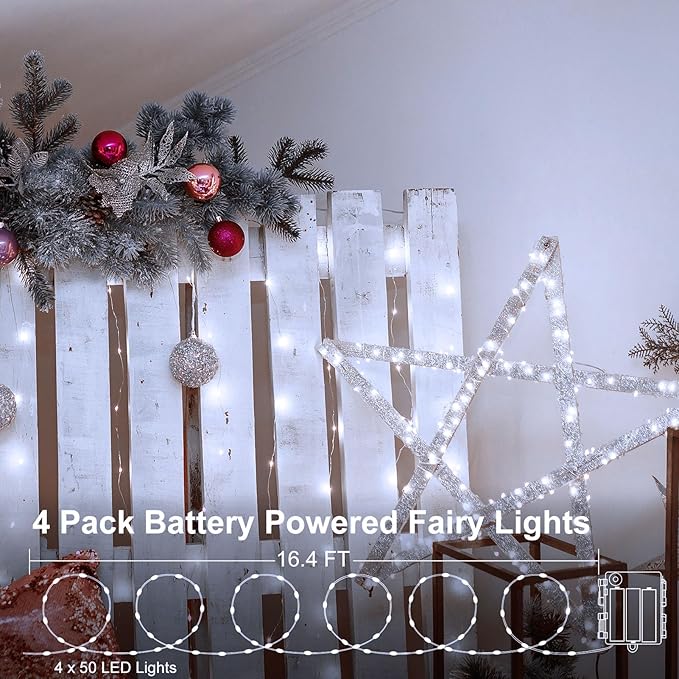 4 Pack Battery Operated Fairy Lights 16.4 Ft 50 LED Christmas Fairy Lights with Auto Timer 8 Modes, Waterproof Silver Wire Battery Twinkle Lights for Wedding Christmas Decor (Cool White)
