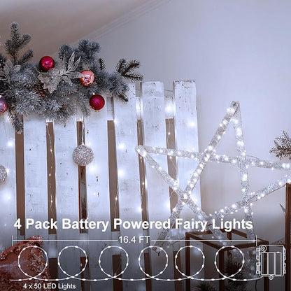 4 Pack Battery Operated Fairy Lights 16.4 Ft 50 LED Christmas Fairy Lights with Auto Timer 8 Modes, Waterproof Silver Wire Battery Twinkle Lights for Wedding Christmas Decor (Cool White)