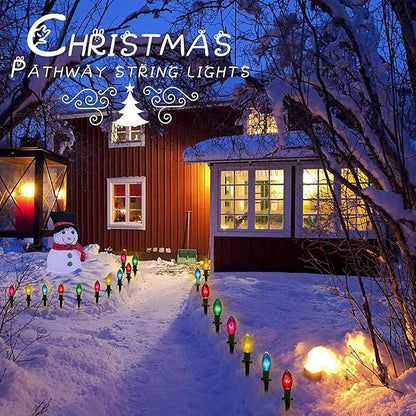 C9 Christmas Pathway Lights Outdoor, 38Ft Outdoor Christmas Decorations with 25 C9 Multicolor Bulbs Marker Stakes Light, Connectable Walkway Lights for Outside Yard Lawn Sidewalk Garden