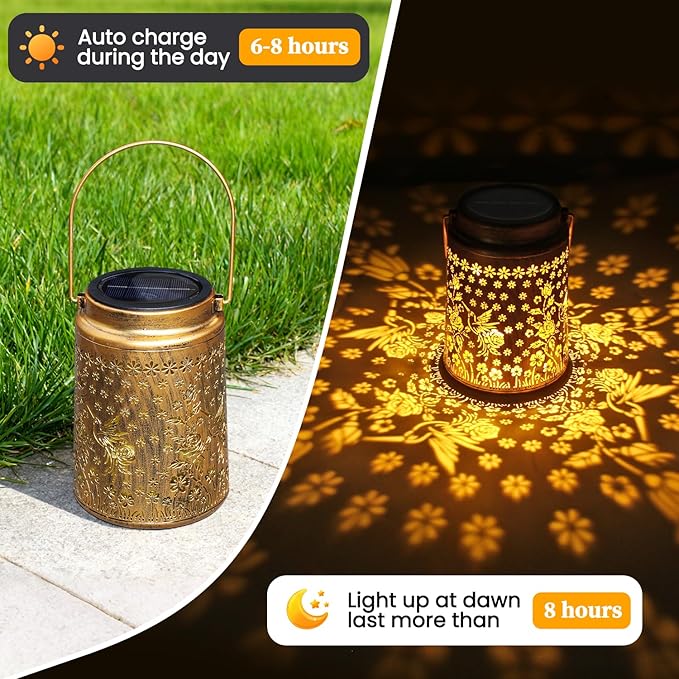 2 Pack Solar Lanterns Outdoor Waterproof Hummingbird Garden Decor Gift for Women, Mom, Grandma, Metal LED Decorative Hanging Light for Yard, Patio, Lawn
