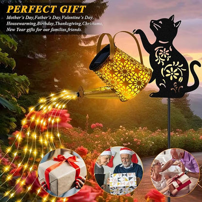 Christmas Gifts Solar Lights Outdoor Decorative, Watering Can with Cascading Lights, with Cat Silhouette Garden Stakes, Waterproof Metal Garden Decor for Yard Art, Outside, Patio, Lawn 2PACK