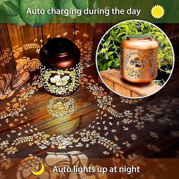 Squirrel Solar Lanterns Outdoor Waterproof Hanging Solar Lights Squirrel Gifts for Women Men Metal Decorative LED Lanterns for Yard,Patio,Lawn,Tabletop,Pathway,Landscape,Garden Decor