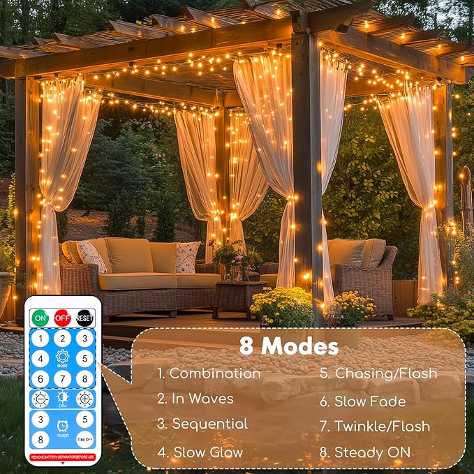Lakumu 132FT(66*2) Rechargeable Fairy Lights Battery Operated, Twinkle Lights with Remote &Timer, Warm White LED String Lights for Bedroom Waterproof Outdoor Camping DIY Wedding Christmas Decorations