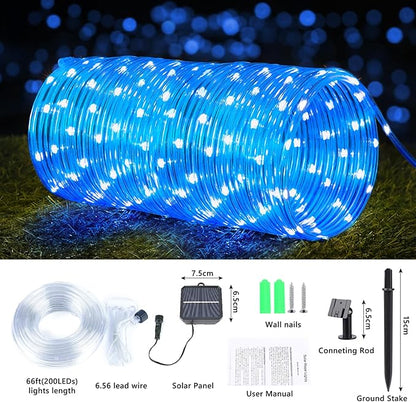 Solar Rope Lights, 66ft 200LED Solar String Lights, 8 Modes Waterproof Solar Powered Outdoor Light, Flexible Clear Tube Light for Garden Backyard Patio Deck Porch Pool Tree Christmas Decoration - Blue
