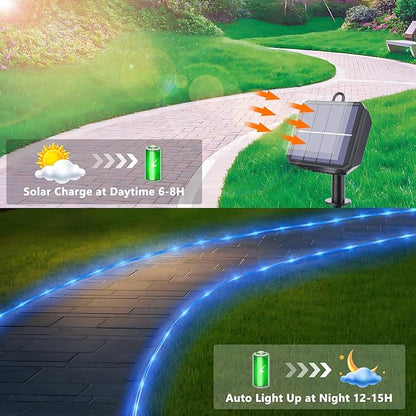 Solar Rope Lights, 66ft 200LED Solar String Lights, 8 Modes Waterproof Solar Powered Outdoor Light, Flexible Clear Tube Light for Garden Backyard Patio Deck Porch Pool Tree Christmas Decoration - Blue