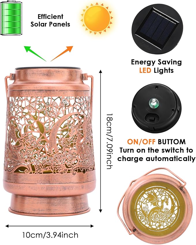 Dragon Decor Solar Lanterns - Waterproof Hanging Lights for Outdoor Garden Patio Lawn Pathway Metal Yard Lighting Decorations Housewarming Birthday Gift for Women Men Friend Dragons Lover