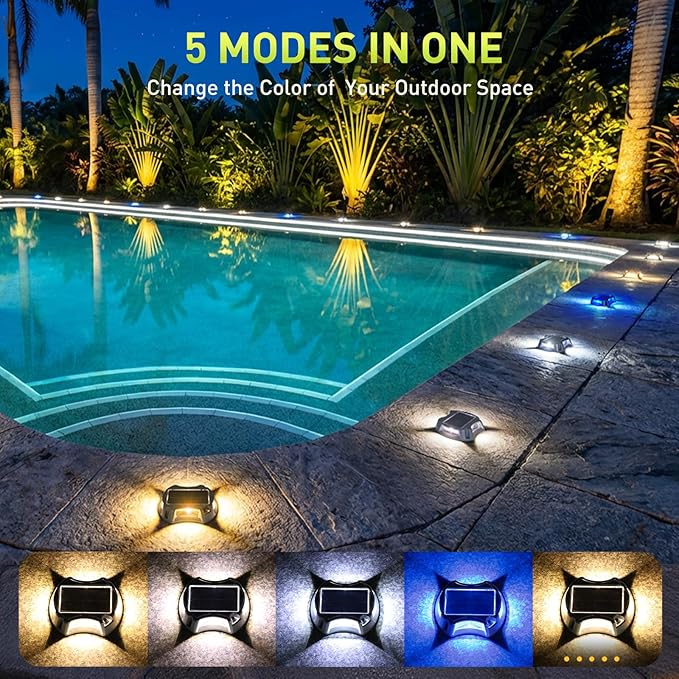 AGPTEK 5 in 1 Solar Driveway Lights Outdoor with Ground Spikes, IP67 Waterproof Solar Lights with 5 Modes (Blue/White/Warm/Mixed/Flashing) for Deck, Stairs, Pathway, Garden, Patio(Rectangle, 4 Pack)