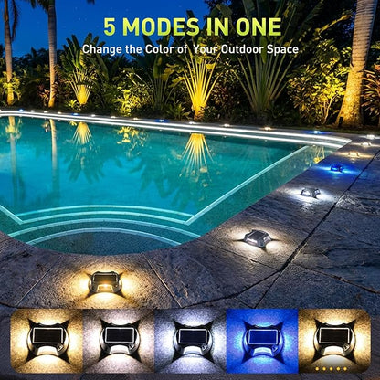 AGPTEK 5 in 1 Solar Driveway Lights Outdoor with Ground Spikes, IP67 Waterproof Solar Lights with 5 Modes (Blue/White/Warm/Mixed/Flashing) for Deck, Stairs, Pathway, Garden, Patio(Rectangle, 4 Pack)